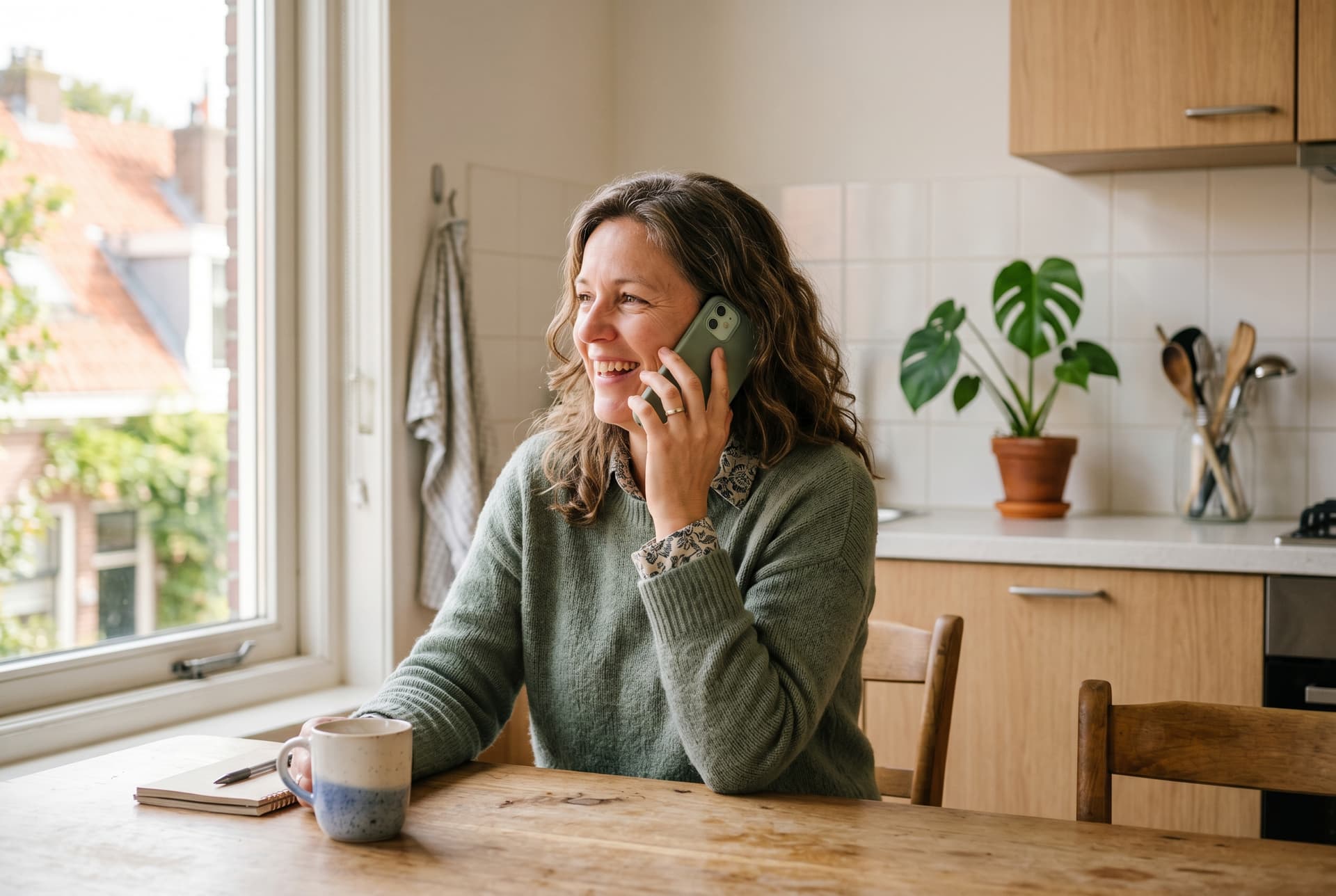 Nederlandse vrouw belt vanuit haar keuken